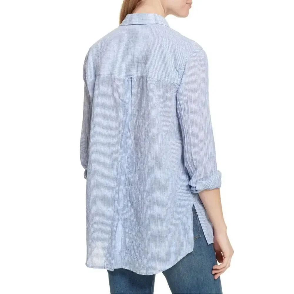 Free People No Limits Stripes Button Down Shirt In Blue